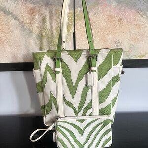 Coach Green and White Zebra Tote Bag with Matching Wristlet